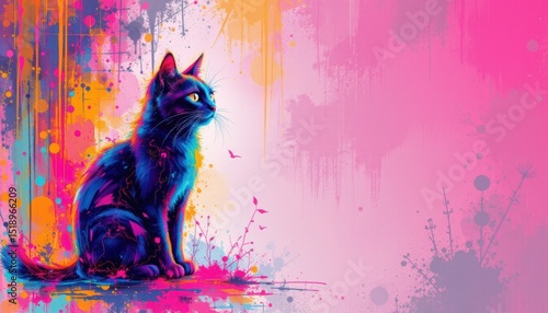 create an eye catching abstract illustration of a vibrant neon cat on the left side of the image with plenty of copy space to the right for text overlays