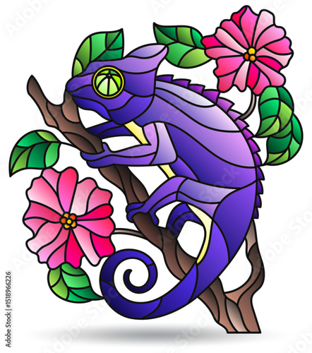 Illustration in the style of a stained glass window with bright chameleon, bright animal isolated on a white background