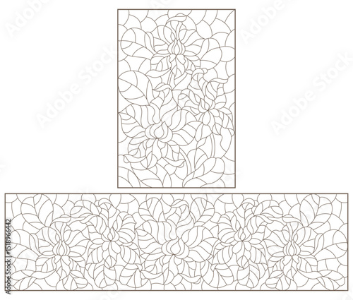 A set of contour illustrations in the style of stained glass with orchid flowers , dark contours on a white background