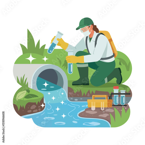 Environmental scientist collecting water samples for analysis near drainage pipe illustration