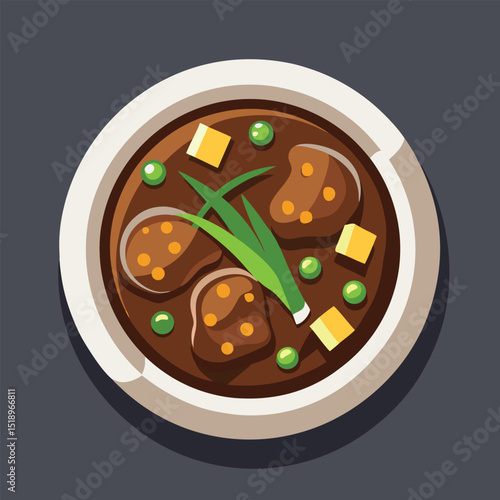 Stylized Illustration of a Bowl of Meatball Soup with Vegetables