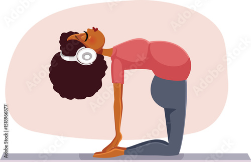 Mother to Be Listening to Music in Yoga Pose Vector Cartoon. Pregnant lady doing prenatal relaxing by working out   
