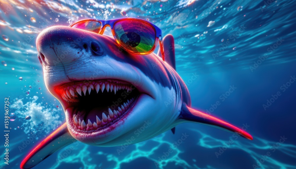 Fototapeta premium create a vibrant photo of an ocean shark donned with sunglasses and an open toothy dangerous mouth filled with many teeth