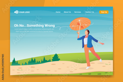 Website Error Page Design Concept with Broken Umbrella Illustration and Flat Landscape