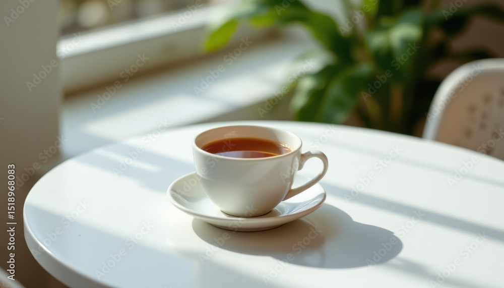Obraz premium create a photo of a cup of tea placed on a white table, the subject is positioned on the left side of the image with a large amount of empty space to its right