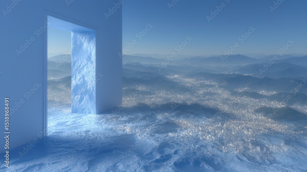 Surreal Cityscape View Open Door to Mountain Range and City Lights Surreal Cityscape View Open Door to Mountain Range and City Lights