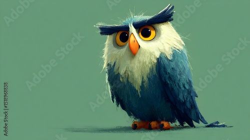 A cute cartoon owl with blue feathers and big yellow eyes sits on a green background looking directly at the viewer.