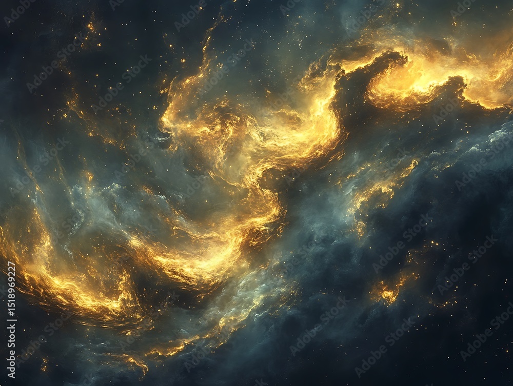 Fototapeta premium Ethereal golden celestial cloudscape with starry elements and swirling shapes