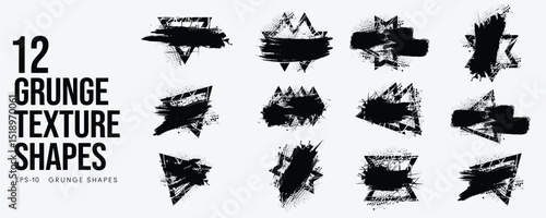 Grunge Graffiti Halftone Texture Elements Set Abstract Geometric Shapes. Ink Spray Frame Borders. Glitch Distortion. Noise Overlay And Distressed Vector Effects