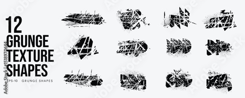 Grunge Graffiti Halftone Texture Elements Set Abstract Geometric Shapes. Ink Spray Frame Borders. Glitch Distortion. Noise Overlay And Distressed Vector Effects