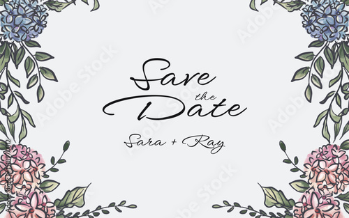 Hand drawn botanical hydrangea flower frame border with copy space in the center. perfect for wedding banner, save the date poster, wallpaper.