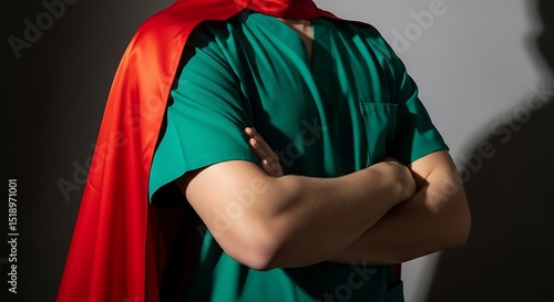 Healthcare Hero Doctor in Scrubs with Superhero Cape, Symbol of Medical Strength and Resilience