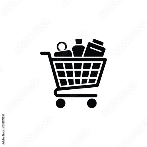 Black Shopping Cart Icon Filled With Groceries and Items, Isolated on White Background