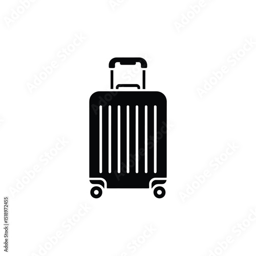 Black Silhouette Illustration VerticalStriped Suitcase with Telescopic Handle and Four Wheels on White Background