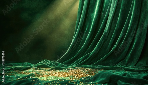 Emerald green velvet drapes with golden glitter