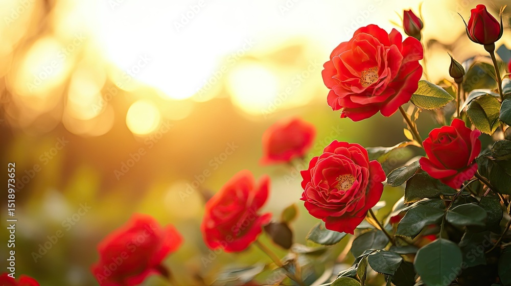 Obraz premium Close-Up of Vibrant Red Roses at Sunset, Red Roses Blooming in Garden at Sunset Light