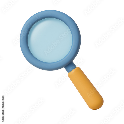Blue magnifying glass 3D icon in cartoon plastic style, minimal search symbol, isolated on transparent background, find tool clipart, discovery icon, modern design, clipping path included.