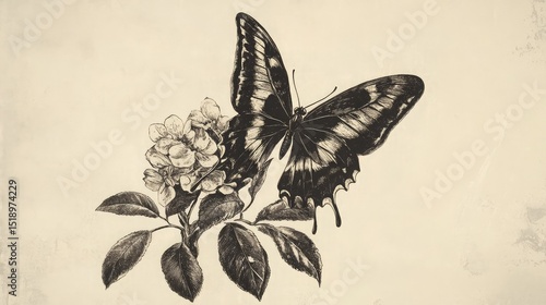 Elegant Vintage Butterfly Illustration on Flower – Botanical Art, Monochrome Nature Sketch, Intricate Design