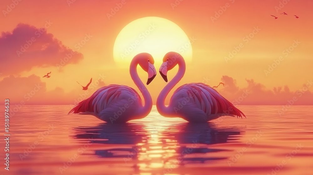Fototapeta premium Two flamingos at sunset heads touching heart shape