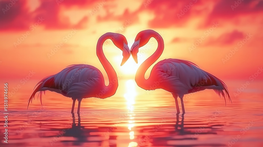 Naklejka premium Two Flamingos Forming Heart Shape at Sunset