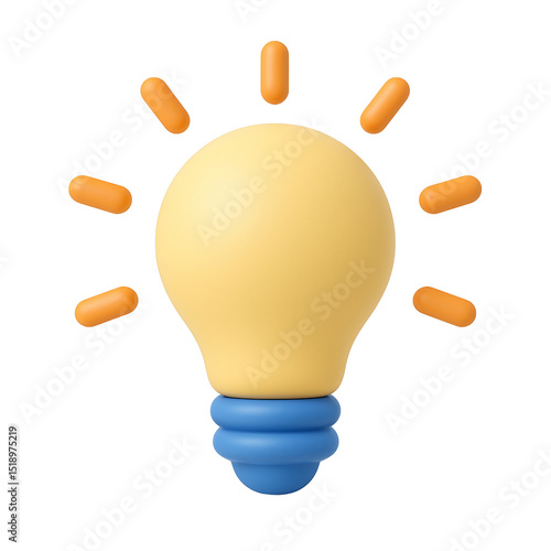 Yellow light bulb 3D icon in cartoon plastic style, minimal idea symbol, isolated on transparent background, innovation clipart, bright thinking icon, modern design, clipping path included.