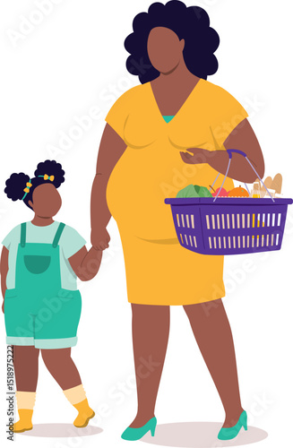 Plus Size Black Pregnant Mother With Groceries Walking With Her Little Daughter While Holding Hands Together.