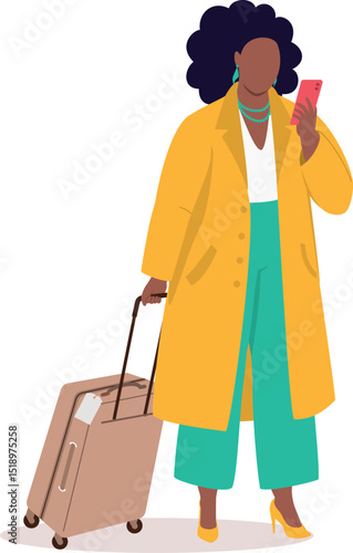 One Plus Size Black Businesswoman With Luggage Bag Checking At Her Mobile Phone.