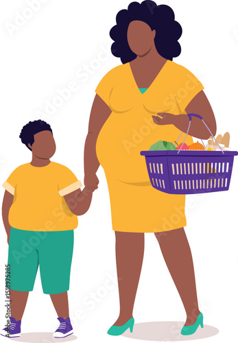 Plus Size Black Pregnant Mother With Groceries Walking With Her Little Son While Holding Hands Together.