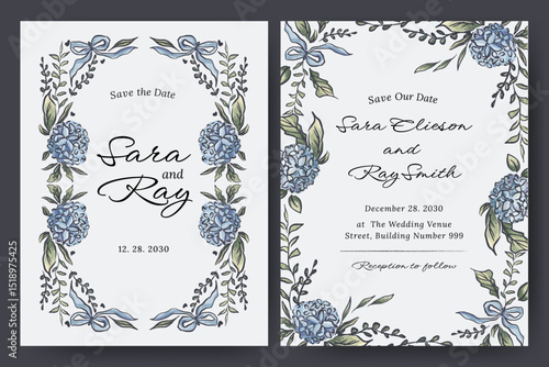 Hand drawn wedding card with hydrangea flower, blooms, bouquet, ribbon, bow illustration design for flyer, poster, wedding invitation, cover.