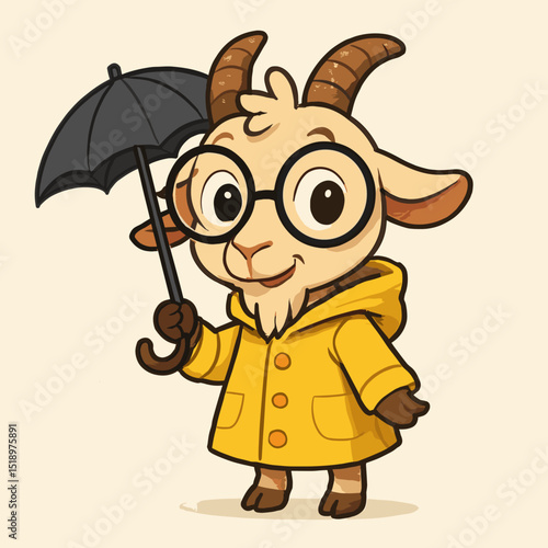 A curious goat with big glasses and a yellow raincoat holding an umbrella.
