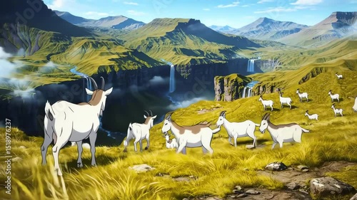 Cartoonish goats graze in a lush mountainous landscape with waterfalls under a bright blue sky