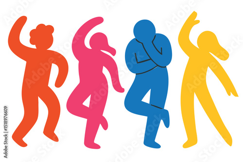 People Party illustration, colorful minimalist style, mid-century modern, childlike shapes, whimsical character design, no outlines, solid colors, stylized proportions