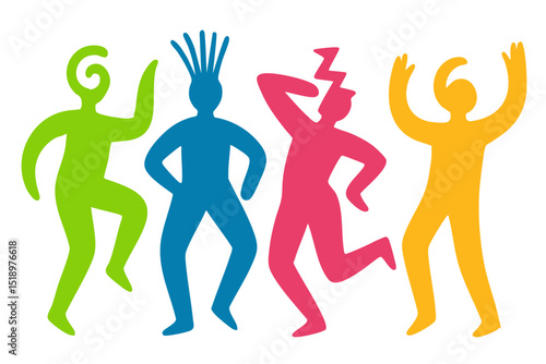 People Party illustration, colorful minimalist style, mid-century modern, childlike shapes, whimsical character design, no outlines, solid colors, stylized proportions
