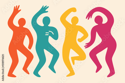 People Party illustration, colorful minimalist style, mid-century modern, childlike shapes, whimsical character design, no outlines, solid colors, stylized proportions