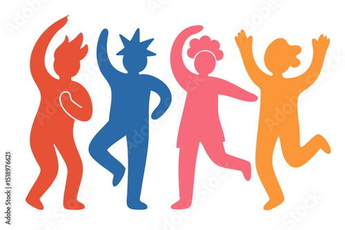 People Party illustration, colorful minimalist style, mid-century modern, childlike shapes, whimsical character design, no outlines, solid colors, stylized proportions