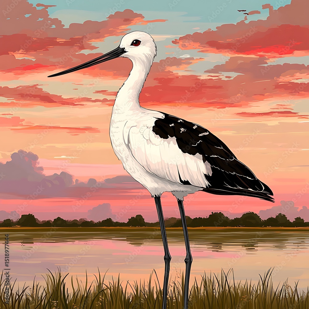 Fototapeta premium Elegant black-necked stilt portrait against a vibrant sunset backdrop scene