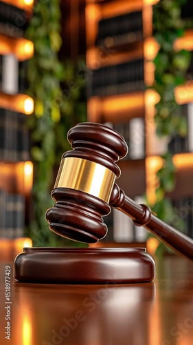 A gavel lies on a polished wooden bench, symbolizing authority in a modern courtroom filled with shelves of law books and ambient lighting.