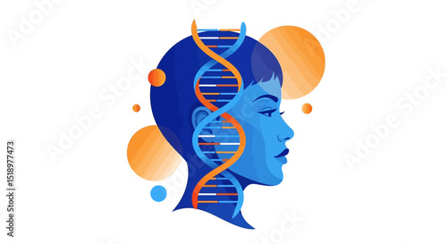 Womans Profile with DNA Helix and Abstract Orange Circles