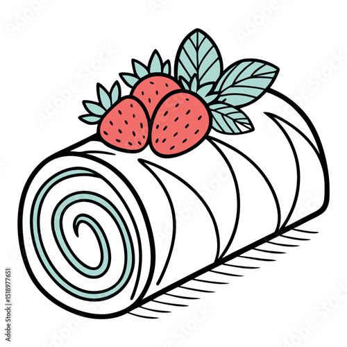 Rolled Cake with Strawberries and Mint Leaves