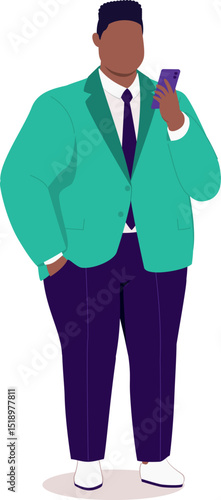 One Plus Size Black Businessman In Businesswear Standing And Checking At His Handphone.