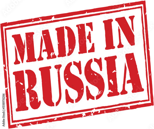 A red rubber stamp on a black background with the words made in russia in a rectangular border design on transparent background