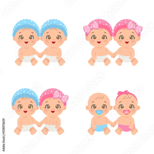 Cute baby twins gender reveal clipart