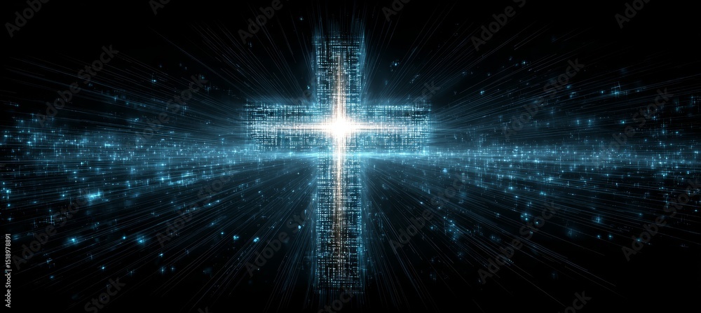 Obraz premium Glowing Jesus Cross symbol in dark. Religion faith worship spirituality concept. Generative AI technology. 
