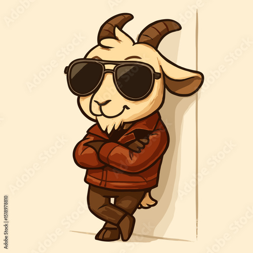 A stylish goat in aviator sunglasses and red leather jacket leaning coolly.