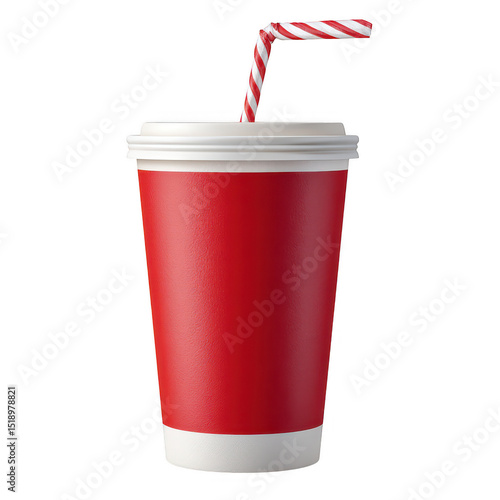 Red paper cup with straw isolated on transparent background