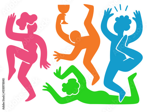 People Party illustration, colorful minimalist style, mid-century modern, childlike shapes, whimsical character design, no outlines, solid colors, stylized proportions