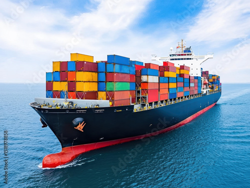 large cargo ship loaded with colorful shipping containers sails across a calm blue sea under a partly cloudy sky.