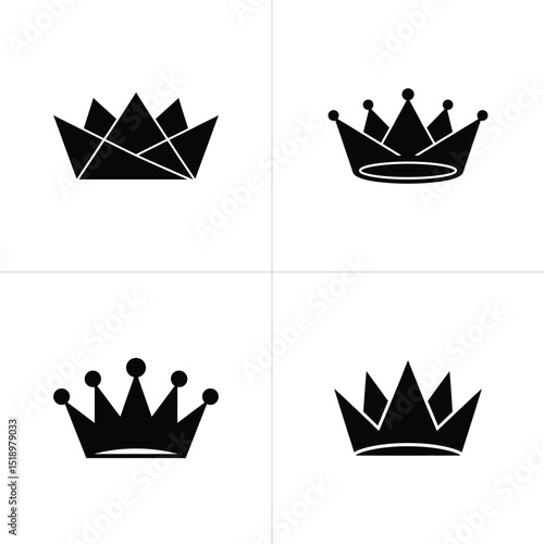 Collection of Four Black Crown Silhouettes, Graphics Displayed on White Background Divided into Quadrants
