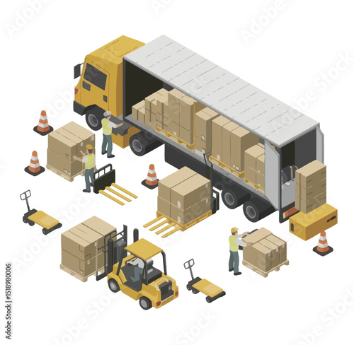 Isometric illustration of a logistics company unloading packages from a large delivery truck