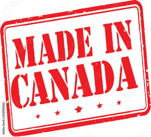 Red made in canada stamp with a rectangular border and stars on a black background indicating origin on transparent background